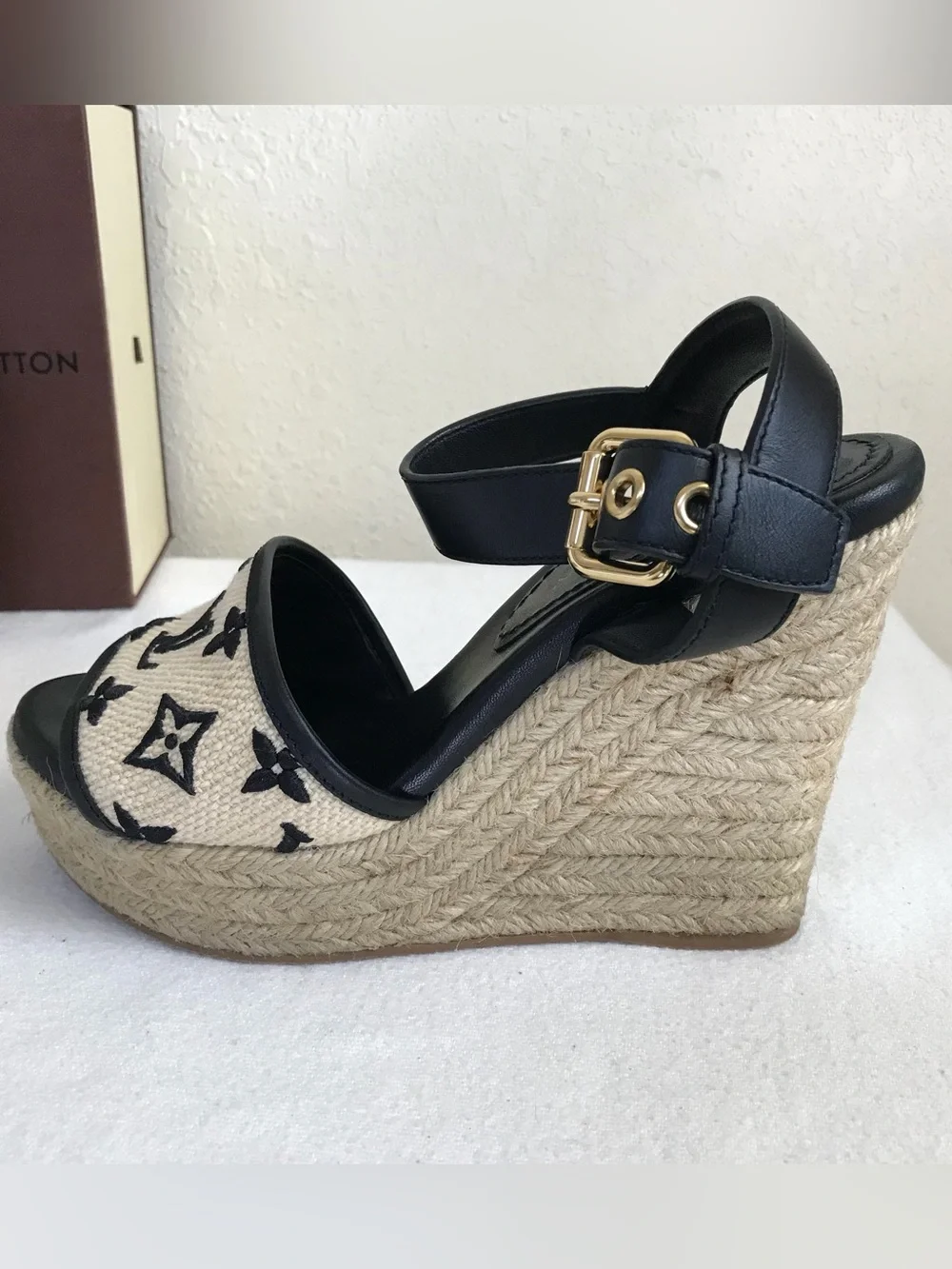 Louis Vuitton Black and Natural Monogram Espadrille Wedges - Picture 3 of 12